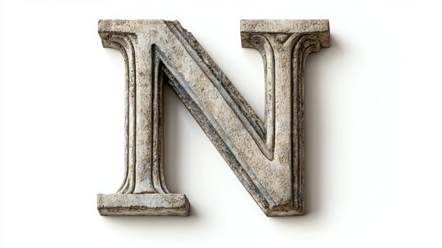 striking letter N, crafted with an antique column texture, stands prominently against a white backdrop, highlighting its artistic details and historical significance. photo