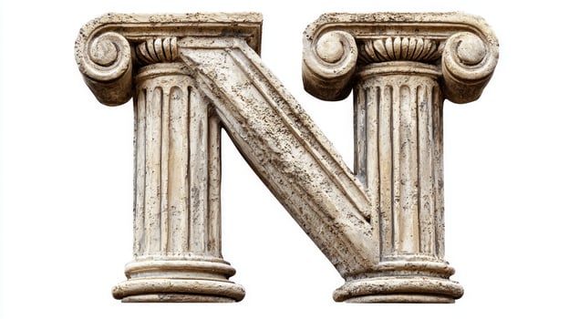 letter N is beautifully shaped to resemble an ornate column, highlighting intricate details of antique craftsmanship. It stands solitary against a pure white background, evoking elegance. photo