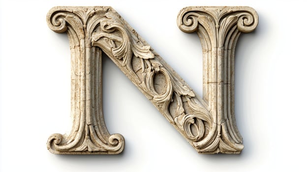 letter N, crafted in an antique style, showcases a beautiful column texture, elegantly isolated against a bright white background, emphasizing its artistic detail. photo