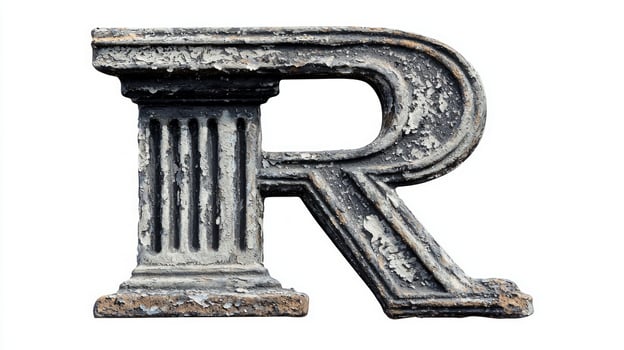 artistic letter R features an intricate antique column texture, exuding an old-world charm, perfectly highlighted against a clean white backdrop. photo