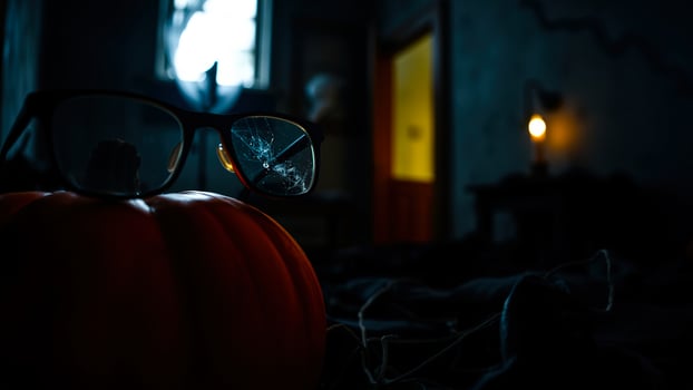cracked eyeglasses rest on an pumpkin photo