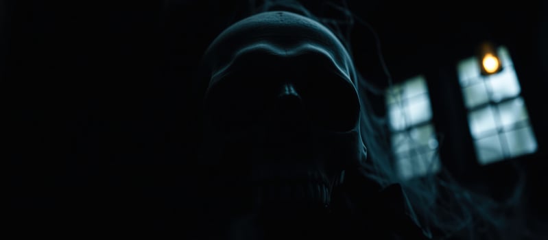 dimly lit skull a shadowy room photo