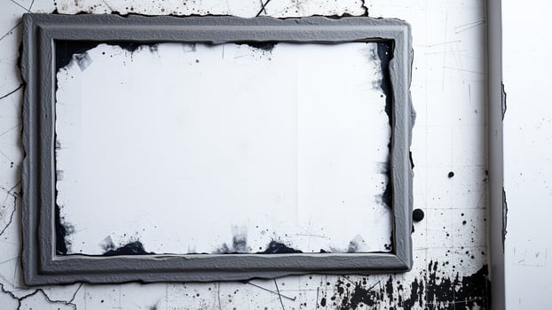 weathered gray frame on a white wall with black paint splatters photo