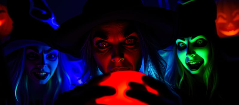 three witches with neon lights gaze into a red orb photo