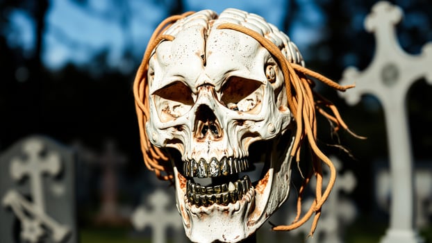 detailed white skull with gold teeth a long braid photo