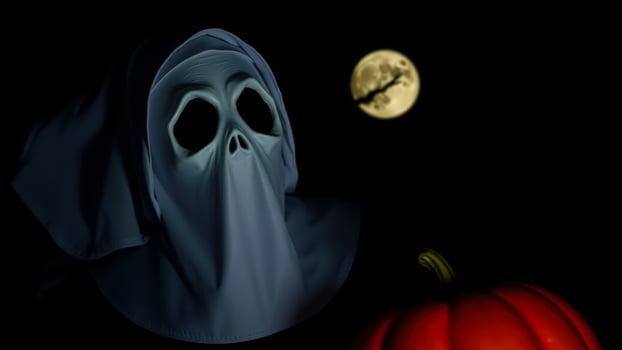 ghostly figure a white mask stands the dark with a full moon a pumpkin photo