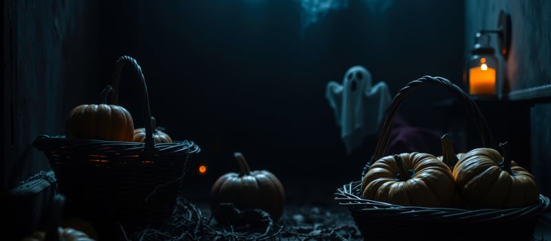 ghostly scene with pumpkins a candle photo
