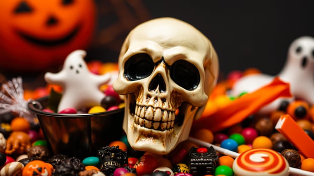 white plastic skull with halloween treats photo