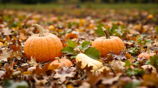 three pumpkins resting among autumn leaves photo