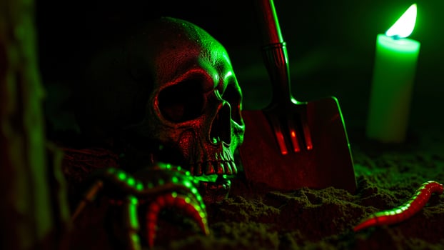 skull illuminated by green red light photo