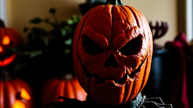 carved pumpkin with an evil expression photo
