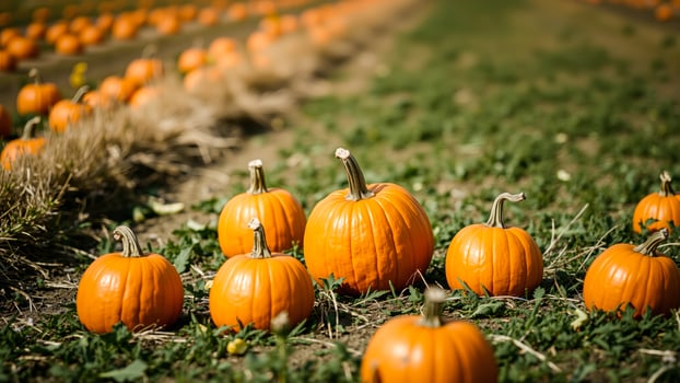 pumpkins nestled the grass with a blurred background more pumpkins a field photo