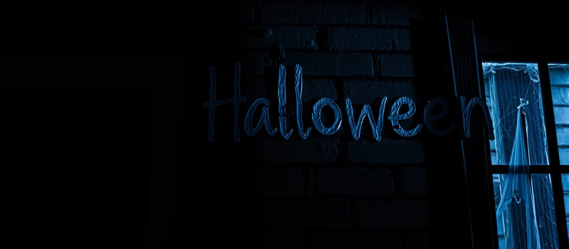 blue halloween sign on a brick wall with a sheet covered window photo