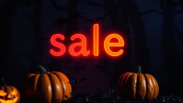 glowing neon sign spelling sale with pumpkins bats photo