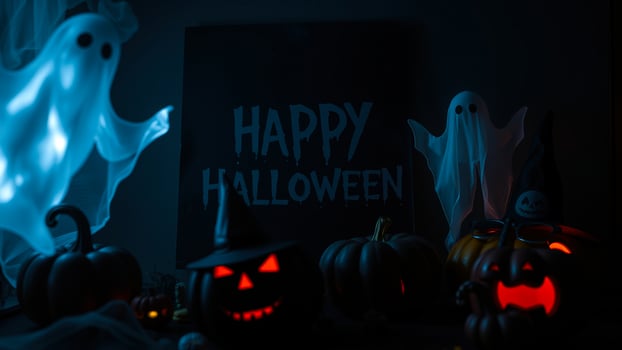 spooky arrangement glowing pumpkins ghostly figures welcomes halloween. photo