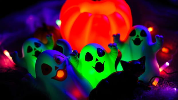 glowing plastic ghosts a black cat figurine create a spooky halloween scene photo