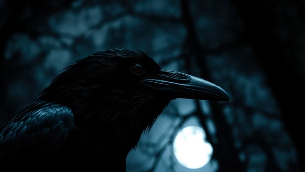 black raven with an intense gaze under a blurry moon photo