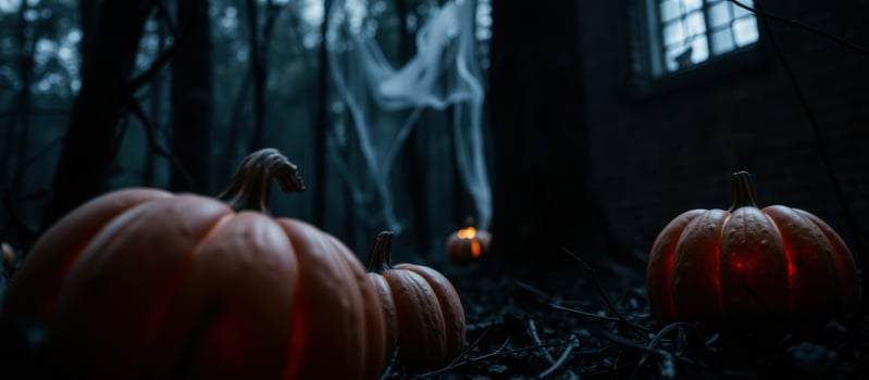 illuminated pumpkins a dark forest photo