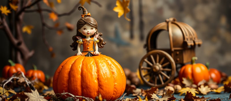whimsical figurine a girl sitting atop a pumpkin surrounded by autumn leaves photo