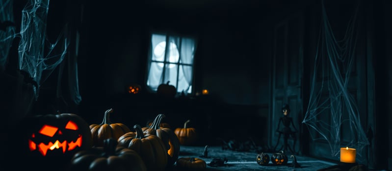 glowing jack-o-lantern a spooky room decorated halloween photo