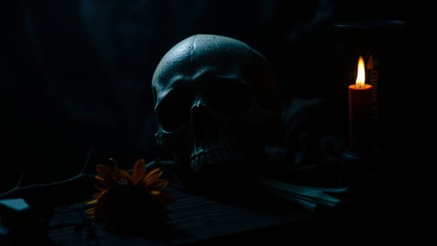 human skull with a candle flower photo