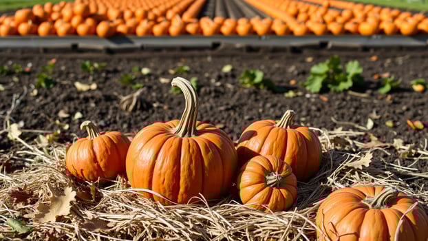 close- view pumpkins a straw-filled field photo