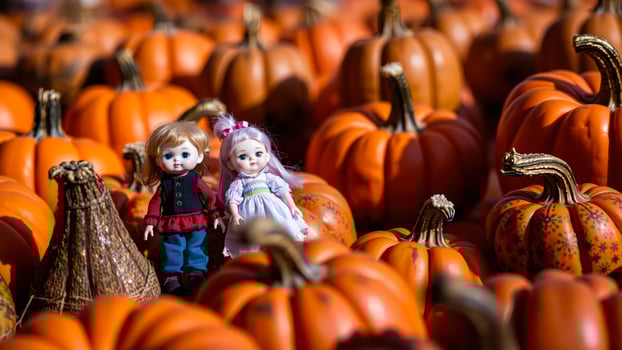 two dolls stand among a group pumpkins photo