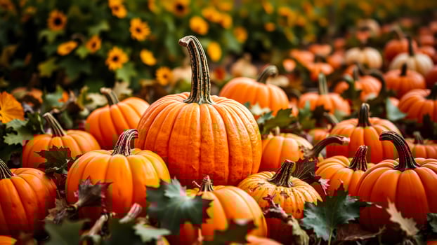 cluster ripe pumpkins glowing the autumn sun photo