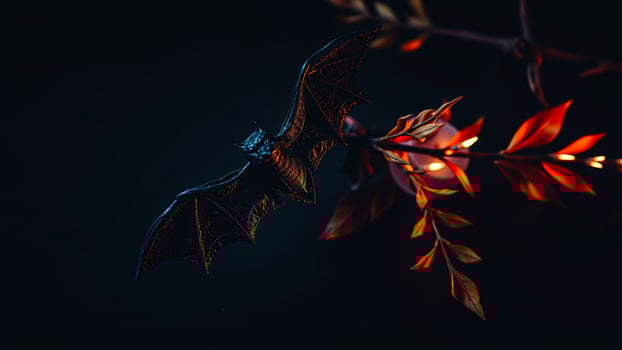 black bat figurine flies past glowing leaves photo