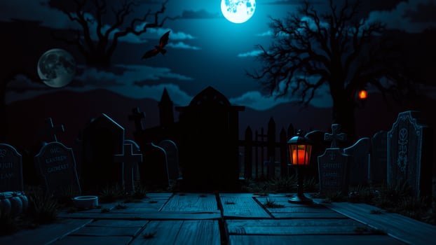 spooky graveyard scene with tombstones lantern a flying bat photo