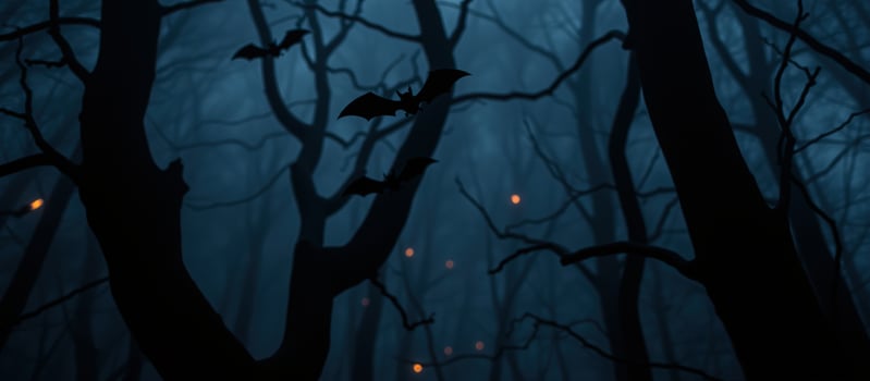bats fly through a dark misty forest photo