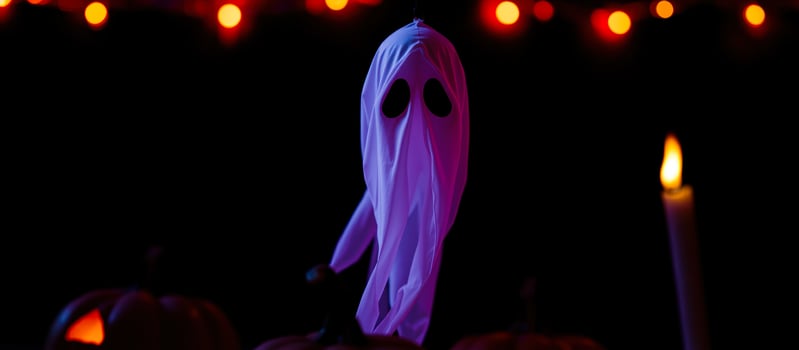 ghostly figure hangs the air illuminated by purple light photo