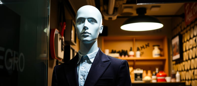white mannequin dressed a blue jacket stands a storefront photo