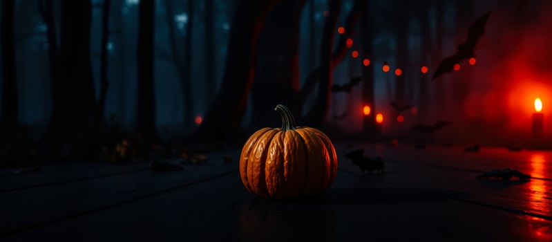 single pumpkin rests a spooky forest setting photo