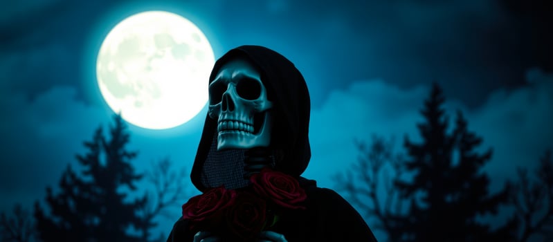 skeleton a dark robe holds red roses under a full moon photo