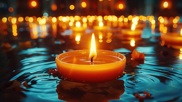 Clay diya candle with sparkle light floating in water in the night of Diwali or Deepavali Hindu festival of India and gold lights celebration. photo