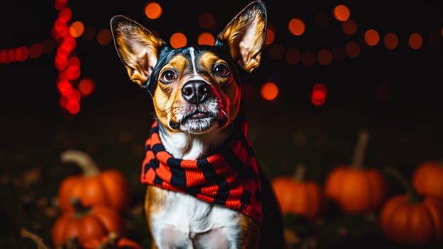 small dog a scarf stands among pumpkins photo