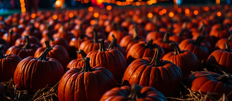 close- pumpkins illuminated by warm lights photo