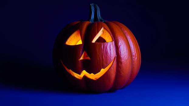 lit carved pumpkin on a dark blue background photo