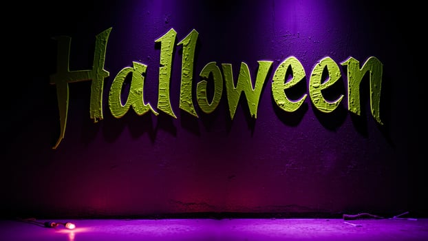 3d yellow halloween sign on a purple wall photo