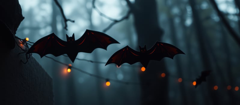 two bats hanging a foggy forest photo