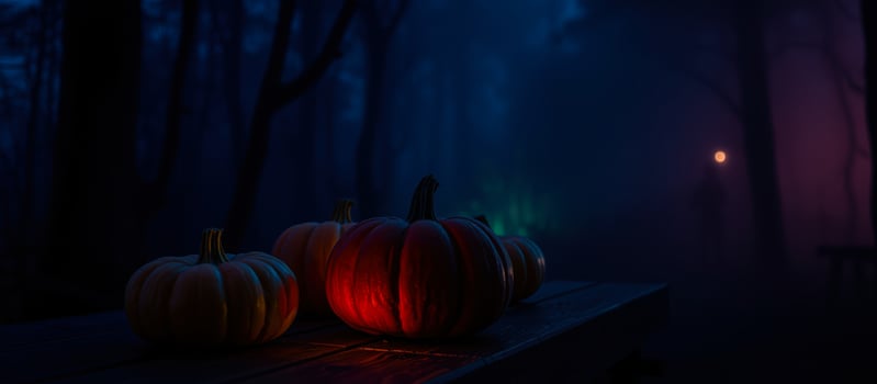 glowing pumpkins a foggy forest photo