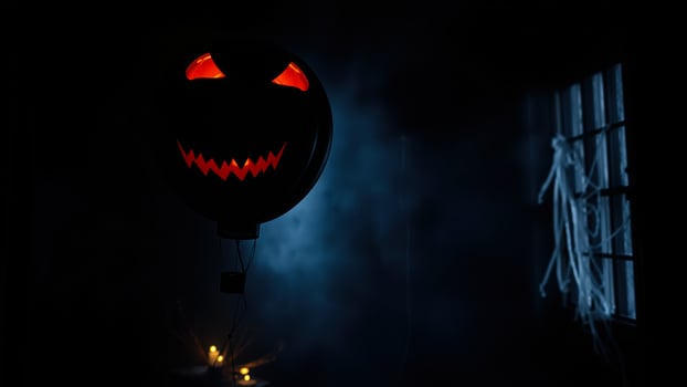 scary black balloon with an face floats the dark photo