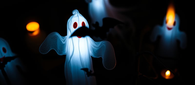 white ghost with red eyes glows a dark room photo