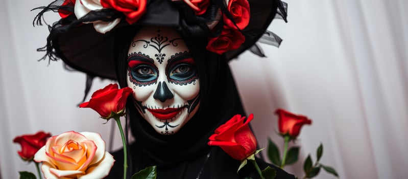 woman with intricate sugar skull makeup wears a wide-brimmed hat adorned with red roses photo