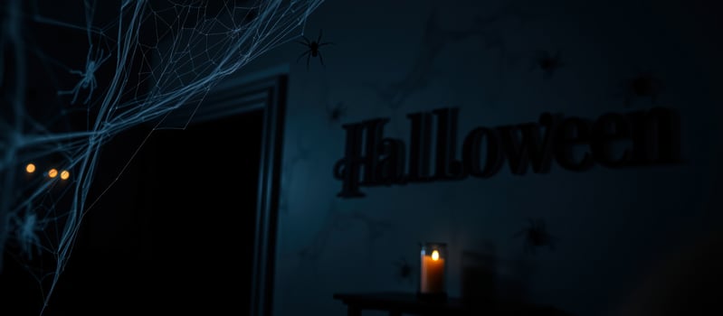 spider web with a single light source casts a faint glow on a halloween decoration. photo