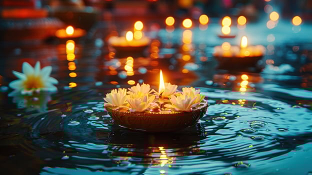 Clay diya candle with sparkle light with blooming flower floating in water in the night of Diwali or Deepavali Hindu festival of India and gold lights celebration photo