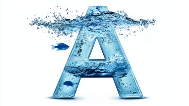 captivating letter A, crafted from glass, contains shimmering water and colorful fish within, showcasing a unique aquatic-themed design on a white backdrop. photo
