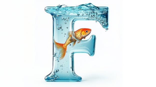 artistic representation features a glass letter F, intricately designed with water and vibrant fish inside, floating gracefully against a clean white backdrop. photo