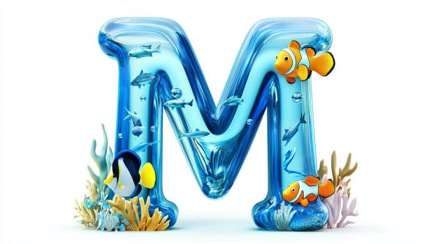 letter M showcases a whimsical design, appearing as a glass aquarium filled with lively fish and coral. This colorful display invites creativity and joy while highlighting aquatic life. photo